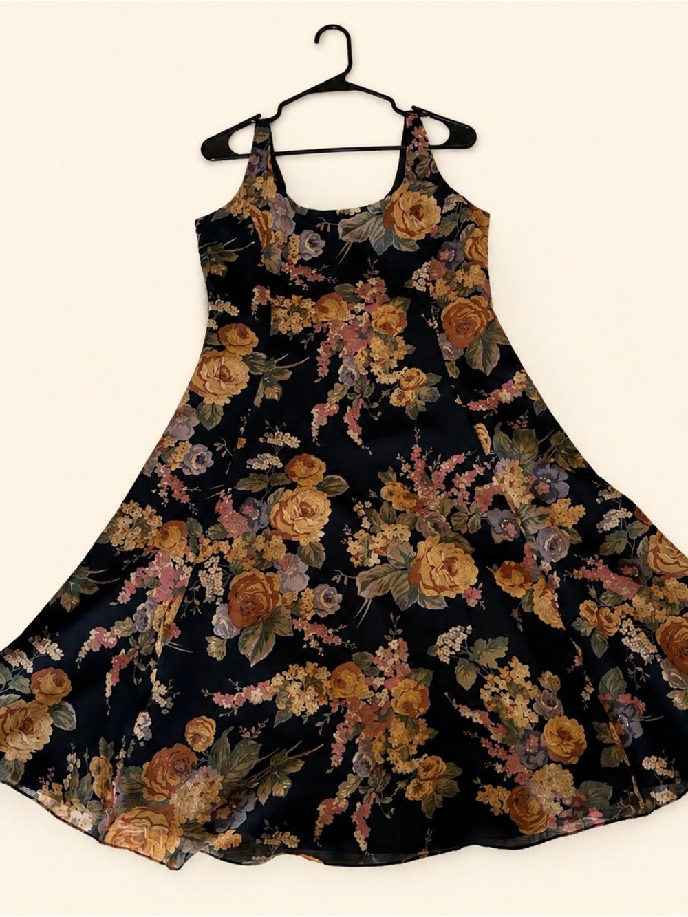 Ralph Lauren Black Floral Midi Dress with Mustard and Dusty Pink Roses